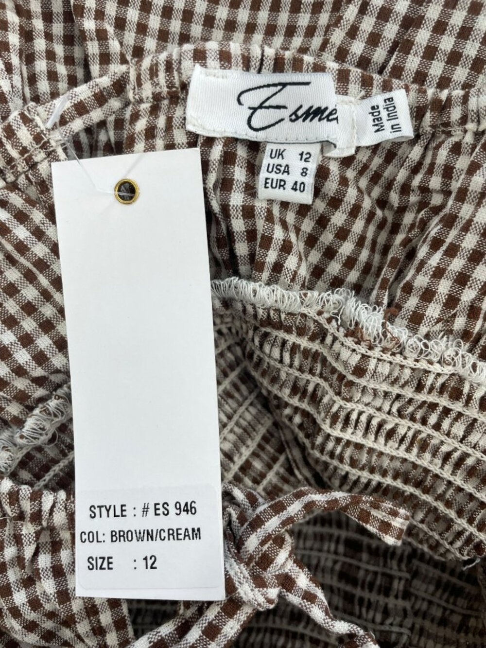 Esmee Exclusive Brown & Cream Gingham Smocked Midi Dress Puff Sleeves Sz 12 NWT - Picture 6 of 9